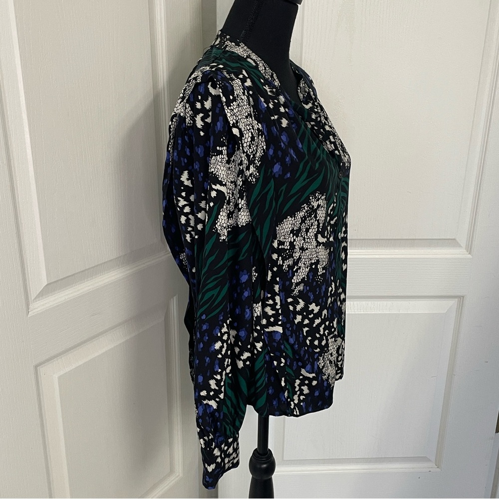 Veronica Beard Buckley Blouse shirt top stretchy silk US 10 blue green black - Picture 5 of 12
